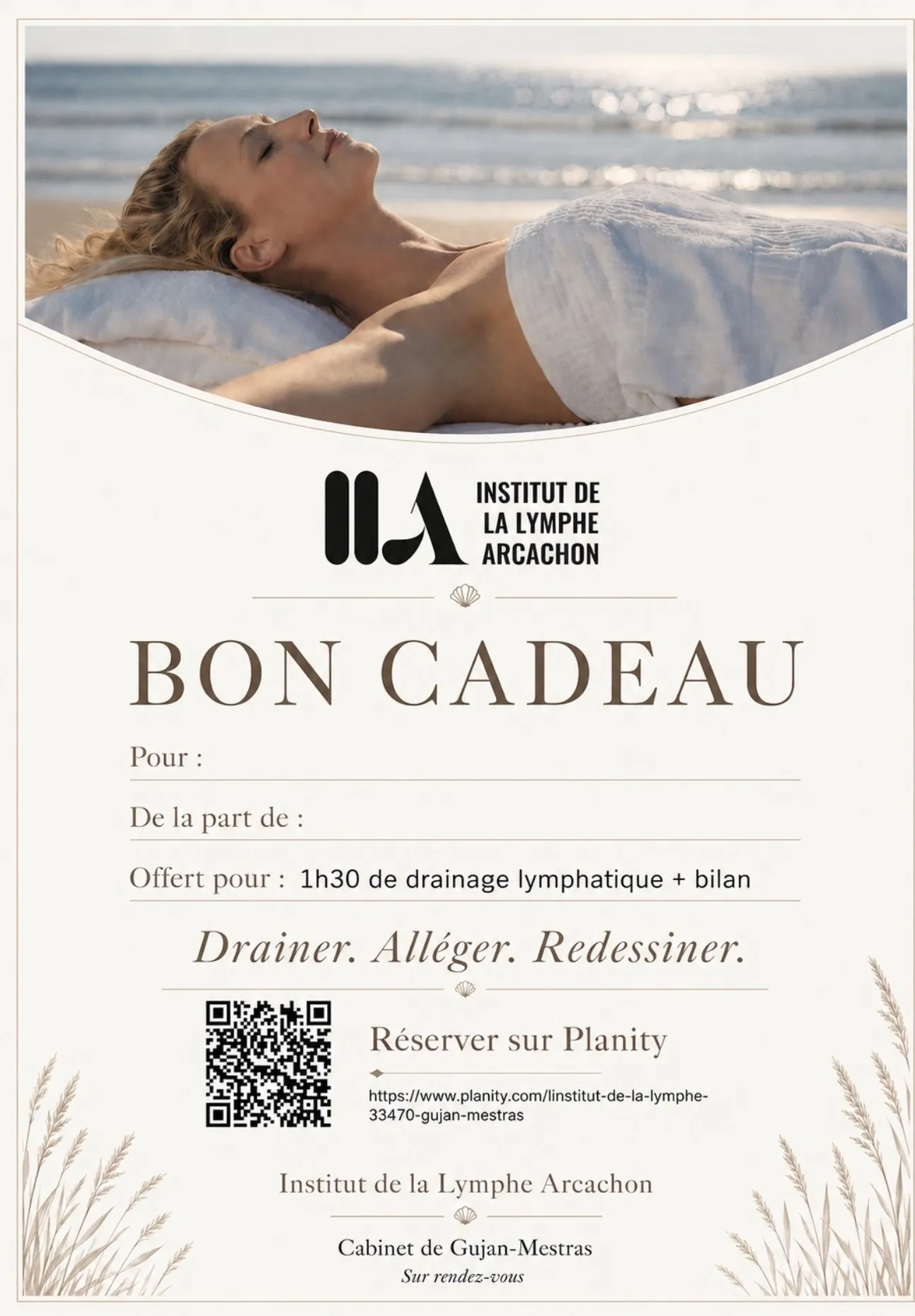 Exemple de bon cadeau de l’Institut de la Lymphe Arcachon – Protocoles et tarifs de l’Institut de la Lymphe Arcachon