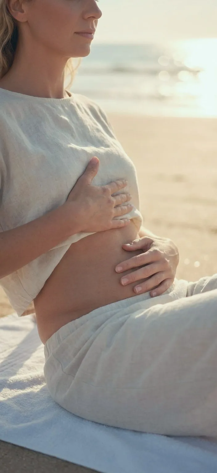 Femme enceinte sur la plage, mains sur le ventre – Drainage lymphatique Vodder® et brésilien à Gujan-Mestras, Bassin d’Arcachon Femme enceinte sur la plage, mains sur le ventre – Drainage lymphatique Vodder® et brésilien à Gujan-Mestras, Bassin d’Arcachon